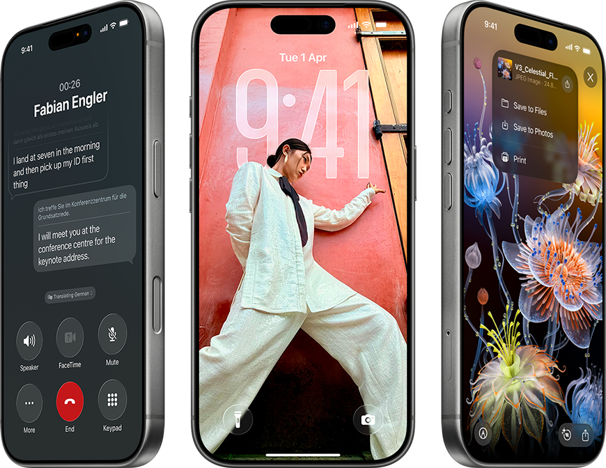 iPhone 17, exterior rear, Fusion dual-camera system, all five colors overlapping: Black, White, Sage, Mist Blue, and Lavender