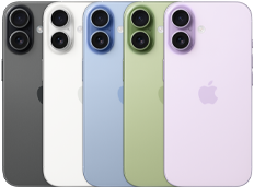 iPhone 17, exterior rear, Fusion dual-camera system, all five colors overlapping: Black, White, Sage, Mist Blue, and Lavender
