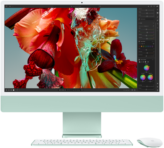 iMac screen showing a colorful flower seen in Adobe Lightroom to demonstrate the color range and resolution of the 4.5K Retina display.