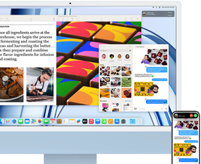 iMac next to an iPhone, showing Continuity feature by sharing a text conversation and photos between iPhone and iMac.