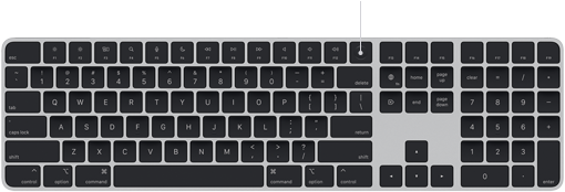 Pointer showcasing Touch ID sensor on Magic Keyboard, located above delete key